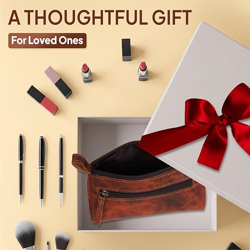 Leather Makeup Bag for Women – Genuine Leather Cosmetic Bag Travel, Handmade Zippered Makeup Pouch, Small Toiletry Bag, Shaving Kit & Stationery Organizer- Tan - color: Tan