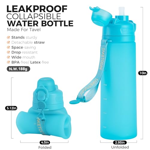 TakeToday Collapsible Water Bottles 21oz (600mL), Foldable Platinum Silicone Travel Water Bottle with Straw & Carry Strap, Leak-Resistant Screw Lid, Wide Mouth, BPA-Free for Hiking, Camping, Travel - color: Ocean Breeze