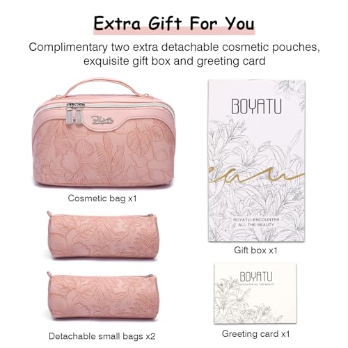 BOYATU Travel Makeup Bags Cosmetic Organizer Bag: 3-Set Large Capacity Make up Bag - PU Leather Toiletry Bags for Women - Wide Open Portable Pouch with Divider & Handle (01-Z-Pink) - color: 01-Z-Pink