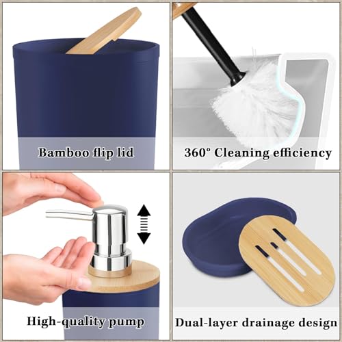 Britimes Bathroom Accessories Sets, Blue Shower Curtain Set with Trash Can, Soap Dispenser, Toilet Brush Holder, Toothbrush Holder and Toothbrush Cup for Bathroom Decor 72"*72" - color: Blue