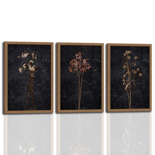 3Pcs Framed Moody Dried Flower Canvas Wall Art For Bedroom Dark Vintage Floral Framed Wall decor Rustic Aesthetic Botanical Art Prints for Living Room Bathroom,Bedroom Dining Room 16x24 in - color: Dark Vintage Floral, size: 16x24 Inches