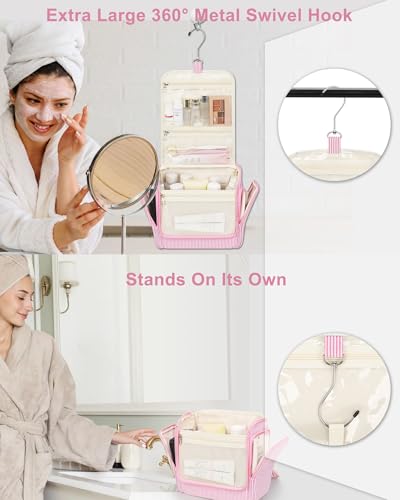 Relavel Hanging Toiletry Bag for Women, Travel Makeup Bag Cosmetic Organizer Toiletries Shower Bag for Travel Essentials, Accessories, Cute Gifts for Girls, Pink - color: Pink