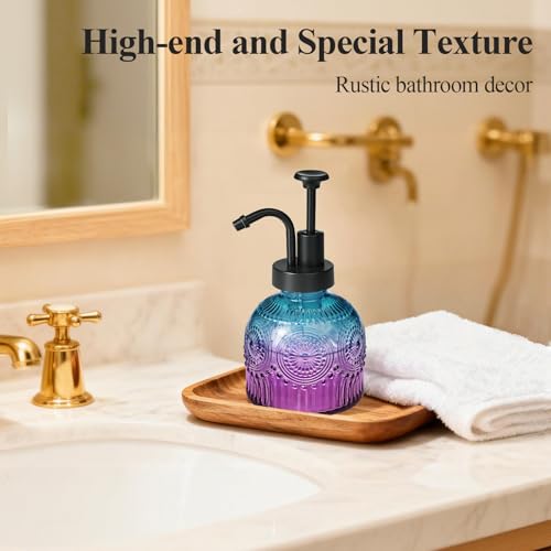SheeChung 8Oz Vintage Glass Soap Dispenser Bathroom, Kitchen Dish Soap Dispenser with Pump, Refillable Hand Soap Dispenser, Antique Liquid Lotion Bottle, Farmhouse Decor (Purple Blue-Black Pump, 2Pcs) - color: Purple Gradient-black Pump-2 Pack