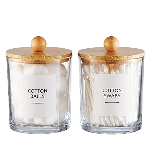 Glass Apothecary Jars with Bamboo Lids for Bathroom Organization, Q tip Holder and Cotton Ball Holder are Great for Farmhouse Decor, Rustic Bathroom Decor-2 Pack