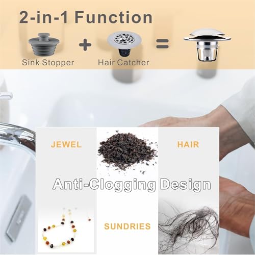 Chrome Bathroom Sink Drain Stopper, Wellup Universal 2-in-1 Sink Stopper Bathroom Drain for 1 1/8"-1 1/2" Sink Drain Hole, Pop up Sink Stopper with Anti-Clogging Strainer, Chrome Plated - color: Chrome Plated