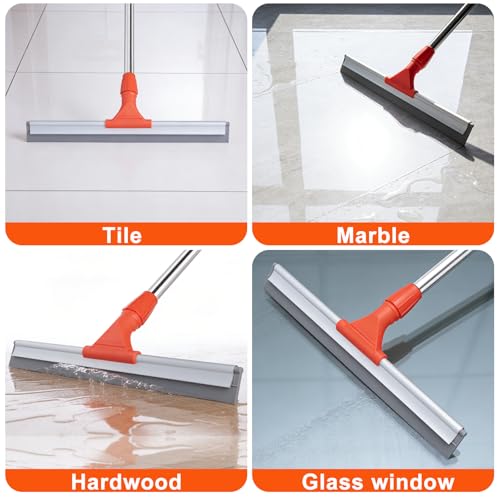 BITOPE Floor Squeegee for Cleaning, 17.3" Heavy-Duty Squeegee for Floor, Silicone Scrubber Broom with 5 Ft Stainsless Steel Long Handle for Bathroom, Glass Windows, Tile, Garage, Deck