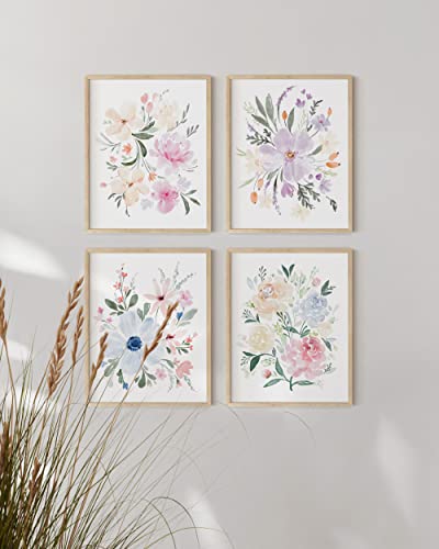 HAUS AND HUES Flower Wall Decor - Set of 4 Bouquet Art, Framed Flower Painting, Floral Pictures, Botanical Wall Decor (8x10, Beige Frame) - color: Bouquet Flower, size: 8x10, style: Beige Framed