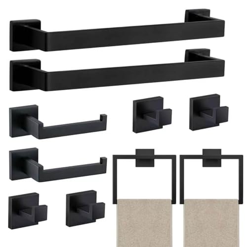 JOPOFI 10 Piece Towel Bar Set - 15.7Inch Bath Towel Holder - Matte Black | Stainless Steel Towel Racks for Bathroom Wall Mounted, Towel Rod for Bathroom Wall - color: Matte Black（10 Piece）, size: 15.7 inch
