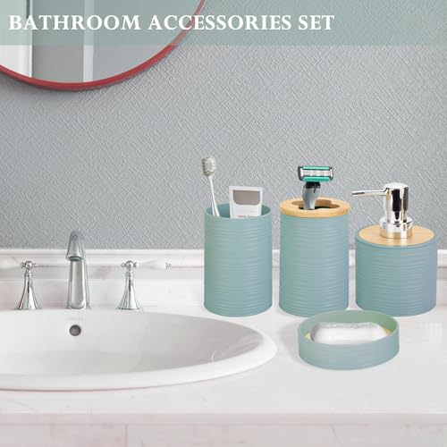 4 Pieces Bamboo Bathroom Accessories Set, Bathroom Accessory Set with Soap Dispenser and Toothbrush Holder, Soap Dish and Toothbrush Cup, Boho Bathroom Decor(Aqua) - color: Aqua