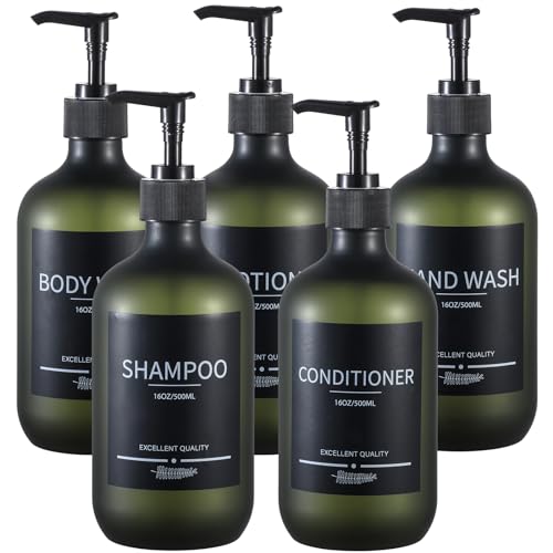 Plastic Refillable Shampoo and Conditioner Bottles with Pumps and Labels (5-Pack, Green) - color: Matte Green