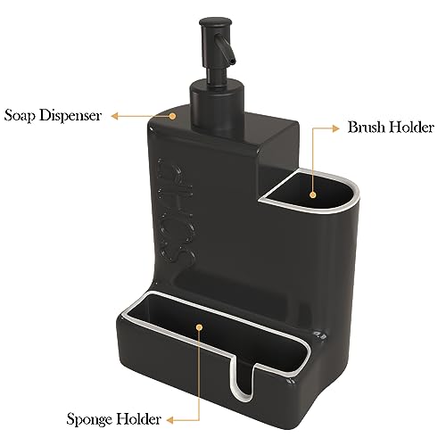 Soap Dispenser with Sponge Holder and Brush Holder, Ceramic Dish Soap Dispenser Pump, 3 in 1 Liquid Hand Soap Organizer with Funnel for Kitchen Sink Countertop, Matte Black - style: Embossed “SOAP”Design-Matte Black