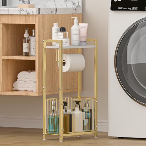 Freestanding Toilet Paper Holder with Storage Shelf – Bathroom Tissue Stand with Space for Phone, Rolls, and Magazines – All-in-One Toilet Roll Dispenser and Organizer (Gold)