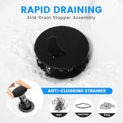 Bathroom Sink Drain with Overflow with Hair Catcher Anti-Clog Sink Strainer | Hurran Matte Black Bathroom Sink Stopper for 1.65"-1.9" Hole, Plastic Pop-up Drain for Bathroom Vanity Vessel Sink - color: Matte Black