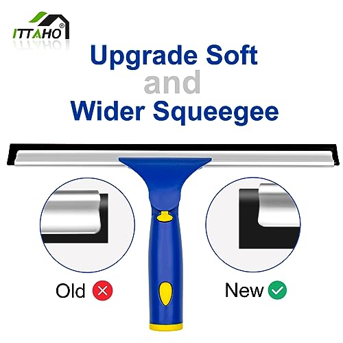 Window Squeegee with Extension Pole, Separate 12" Squeegee & 11" Microfiber Scrubber Heads, Window Cleaning Kit for Hard-to-Reach Windows, Shower Doors, Car Windshields, Indoor Outdoor-2 Pads - color: Blue, size: 12" Squeegee