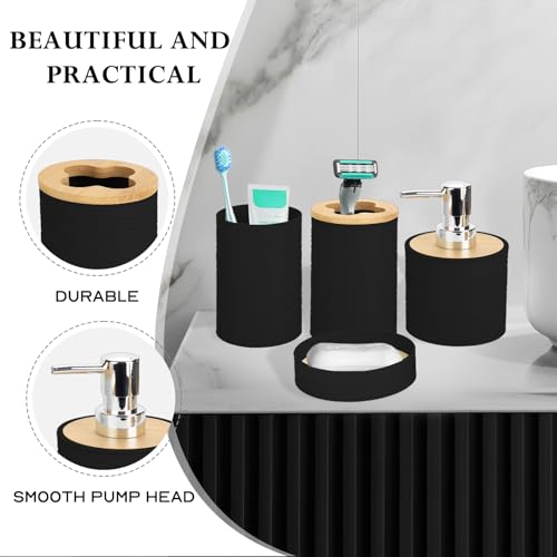 Bamboo Bathroom Accessories Set 4 Pcs, Black Bathroom Accessory Set with Soap Dispenser and Toothbrush Holder, Soap Dish and Mouthwash Cup, Boho Bathroom Decor - color: Black