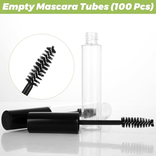 100 Pack Empty Mascara Tube and Wand, 10ml Eyelash Cream Container Bottle with Brush, Clear Refillable Mascara Tubes for Castor Oil & DIY Cosmetics, 100PCS Black