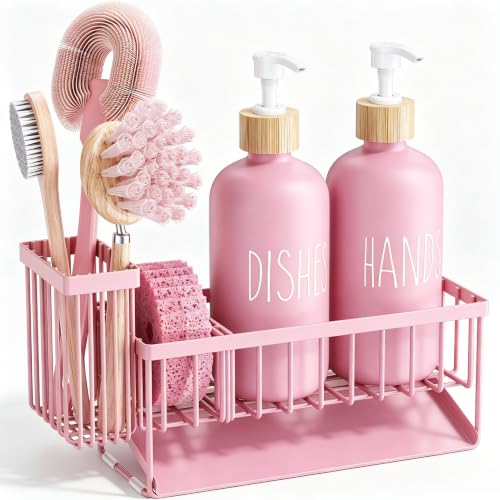 soap Dispenser (Pink Sponge Holder + Pink Bottle) - color: Pink Sponge Holder + Pink Bottle