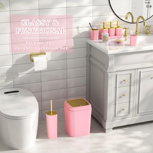 Bathroom Set - 11PC Bathroom Accessory Set, Bathroom Accessories Set, Pink Bathroom Set, Push-lid Trash Can, 3PC Soap Dispensers, Toilet Brush & Q-tip Holders - color: Light Pink & Gold, size: Bath Set