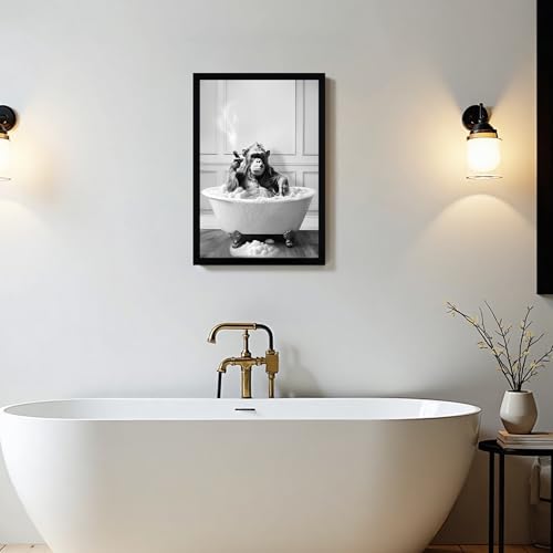 Urmoya Funny Monkey Bath Bathroom Decor Canvas Wall Art 16x24 in | Wood frame, Black and white bathroom decor, Funny chimpanzee in bathtub, Canvas print, Ready to hang - color: Chimpanzee, size: 24"L x 16"W