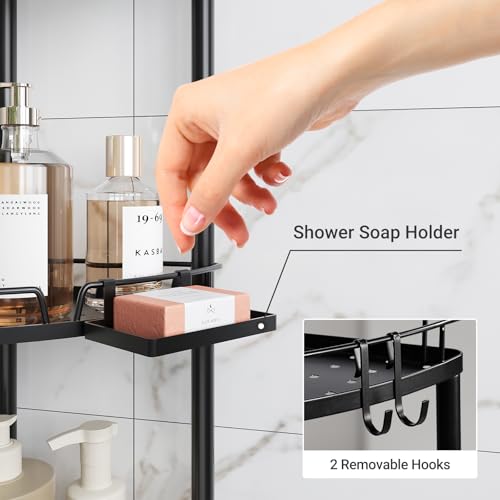 ELYKEN Corner Shower Caddy Standing, 4 Tier Rustproof Metal Shower Organizer with Soap Holder, Floor Shower Corner Shelf Rack Storage Stands with Adjustable Feet & 2 Hooks for Bathroom, Black - color: Black, size: 4 Tier