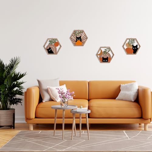 HPNIUB Boho Black Cat Wall Decor, Farmhouse Geometric Hanging Wooden Wall Art, 4 Pieces 11''x9.8'' Mid Century Bohemian Abstract Moon and Sun Wood Sign for Nursery Bedroom Decoration, Lovely Cat Gifts - color: Black cat[orange style]