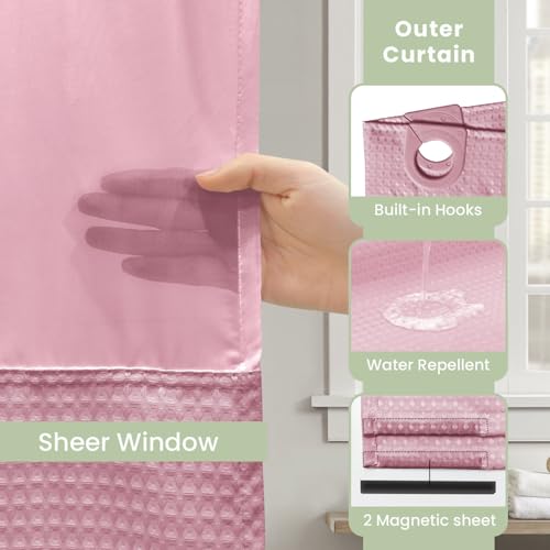 Inhousolu No Hook Shower Curtain with Snap-in Fabric Liner, Waffle Weave 230 GSM Polyester, Weighted Hem, Water Repellent Washable, Mesh Top Window 72" W x 72" L Pink - color: Pink, size: 72"W x 72"L (Pack of 1)
