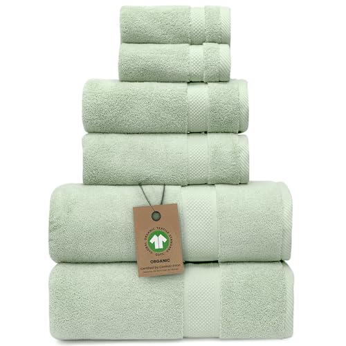 Alusa Home 100% Organic Zero-Twist Cotton Towels - GOTS Certified Luxury Bath Towels - Ultra Soft & Plush 700GSM Long-Staple Cotton - 6 Piece Towel Set (Eucalyptus Green) - color: Eucalyptus, size: 6pc Towel Set