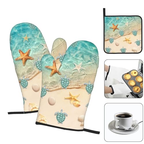 Sea Turtles Beach Oven Mitts and Pot Holders Sets of 3 Nautical Kitchen Decor Heat Resistant Hot Pads Teal Nautical Decorative Oven Gloves for Cooking Grilling Baking - color: Sea Turtles