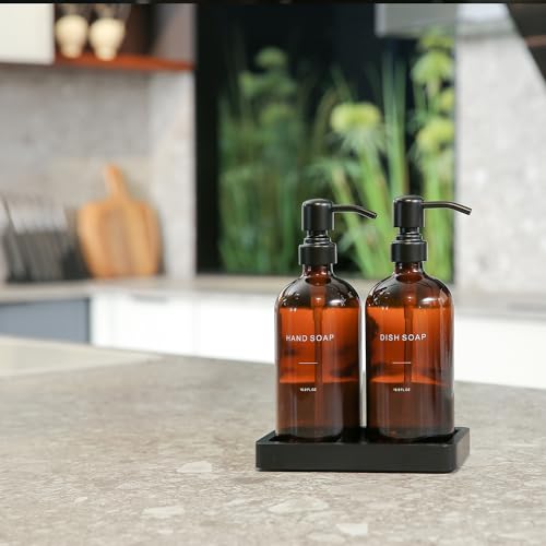 Prus Waso Amber Soap Dispenser Set, Soap Dispenser for Kitchen Sink with Black Stainless Steel Pump, Perfect for Kitchen Accessories Decor. (Amber) - color: Amber Bottle & Black Pump