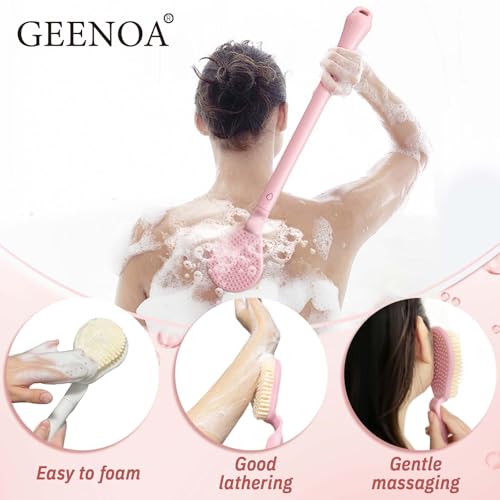 Back Scrubber for Shower & Silicone Bath Glove Set, 19’’ Detachable Long Handle Body Scrubber Wet or Dry Brush, Adjustable 2-in-1 Back & Body Brush with Soft Bristles for Deep Cleaning(Pink) - color: Back Scrubber-pink