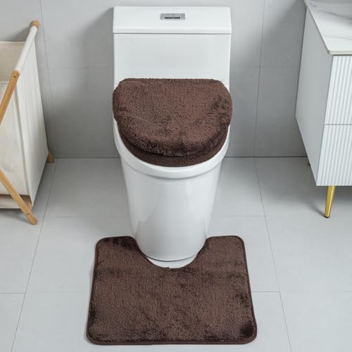 3piece Toilet Seat Cover Set - Toilet Seat Cover +Toilet Lid Cover + toilet rugs u shaped washable, Fits Most Elongated Round and Oblong Toilet,(Machine Washable,Quick-Dry) coffee - color: coffee