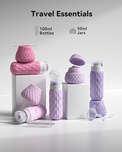Silicone Travel Bottles for Toiletries 8 Pack Travel Size Toiletries 3.4 oz 1.7 oz, Leakproof Squeeze Travel Size Containers Refillable Cosmetic Jars Set for Shampoo, Conditioner, Creams - color: Purple-3.4oz/1.7oz