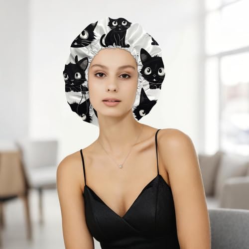 Shower Cap Adjustable Waterproof Double Layer Elastic Reusable Hair Bath Cap Cute Aesthetic for Women Girls-Cat - color: R3-Cat