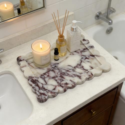 Real Natural Calacatta Viola Marble Tray, Luxury Scalloped Marble Tray, Decorative Rectangle Marble Tray for Vanity Bathroom Kitchen Coffee Table Jewelry Perfume Home Decor - color: Calacatta Viola