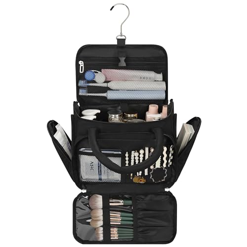Hanging Toiletry Bag for Women - Travel Makeup Organizer with Brush Compartment, Portable Cosmetic Case with Removable Dividers for Full-Size Container, Lightweight Travel Bag for Trip - Black - color: 02-Black, size: X Large