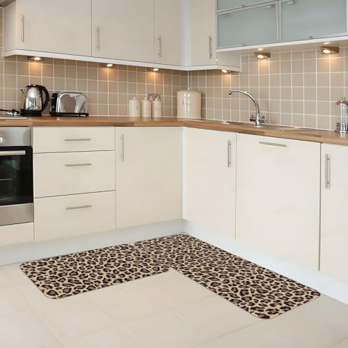 Leopard Print Kitchen Rugs Microfiber Floor Mats Cheetah Cushioned Carpet Runner Rug for Laundry Bathroom Living Room, 2 Piece Set 17"X 47" + 17"X 30" - color: Leopard Print