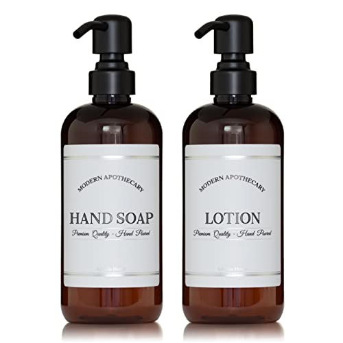 Amber Refillable Hand Soap and Lotion Dispenser Set for Bathroom Sink - PET Plastic Pump Bottles with Labels for Soap and Lotion - Waterproof Labels - 16 oz, 2 Pack (Black Satin) - color: Black Satin Pumps