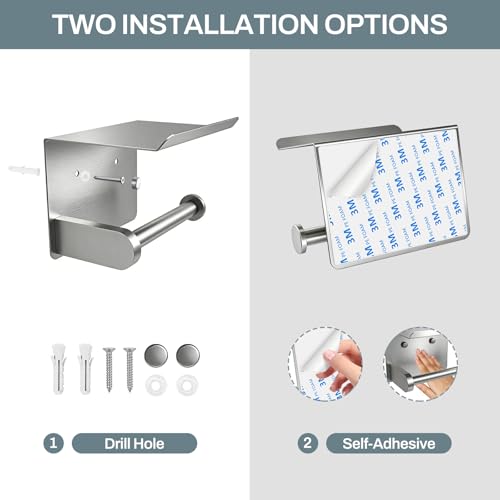 SetSail Toilet Paper Holder with Shelf Adhesive or Screw-in Bathroom Toilet Paper Roll Holders Wall Mount Heavy-Duty Brushed Nickel Tissue Holder for Bathroom Hardware Accessories - color: Brushed Nickel, size: 1 Packs