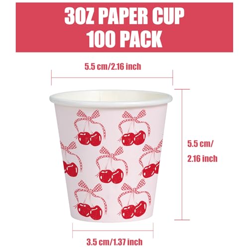 WRAPAHOLIC 3oz Pink Cherry Paper Cups - 100 Pack Disposable Bathroom Cups with Red Bow Cherry Design, Small Mouthwash Cup for Toothbrush Rinse, Home Bathroom, Wedding, Baby Shower and Girls Birthday - color: Red Bow Cherry