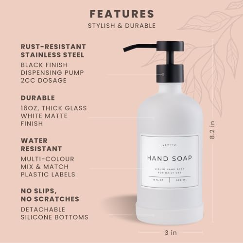 Hand and Dish Soap Dispenser for Kitchen and Bathroom, Set of 2 16 Oz Glass Bottles, Stainless Steel Pumps, Non-Slip Silicone Base, 27 Waterproof Labels (Matte White Bottle/Black Pump) - color: Matte White Bottle / Black Pump