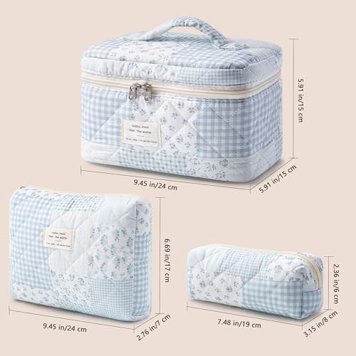HBselect Quilted Makeup Bag, 3PCS Cotton Large Travel Makeup Bag, Cute Floral Coquette Make up Bag Cosmetic Bag Toiletry Bag for Women Girls - color: A-3PCS-Floral 38