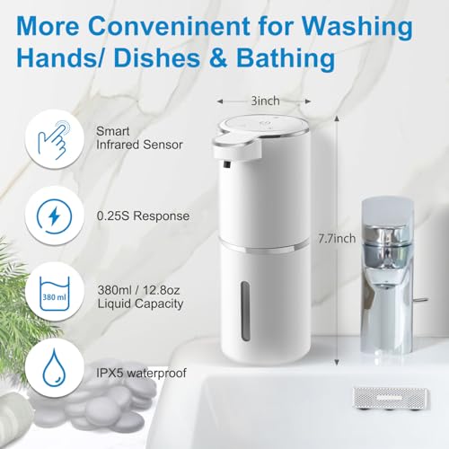 Automatic Foaming Soap Dispenser, 4-Level Adjustable Foam, Wall Mount, USB Rechargeable, 12.8oz/380ml, Touchless Hand & Dish Soap Dispenser for Bathroom, Kitchen, Hotel, Restaurant - color: White