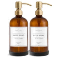 Vine Creations Amber Glass Soap Dispenser, 2 Pack Kitchen Soap Dispenser Set with Stainless Steel Pump, 16 oz Dish Soap and Hand Soap Dispensers for Bathroom with Waterproof Labels and Protective Pads - color: Amber Bottle / Brushed Brass Pump