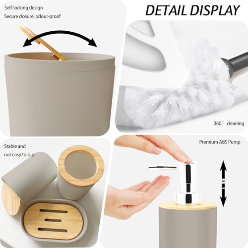 Lnond Beige Bathroom Set, Beige Abstract Cubes Bathroom Accessories Sets Complete, Luxury Restroom Set with Shower Curtain and Rugs, Trash Can, Toilet Brush Holder Set & Soap Dispenser - style: Beige