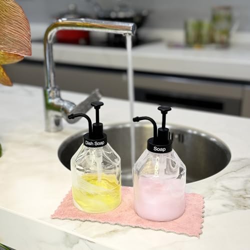 Bathroom Glass Soap Dispenser Set, 2 Pcs 375ml/12.7 Oz Unique 3D Cloud Pattern Thick Glass Soap Bottle with Smooth Action Rust-Free Black ABS Pump for Kitchen Counter Dish Soap Dispenser - color: Black-pump