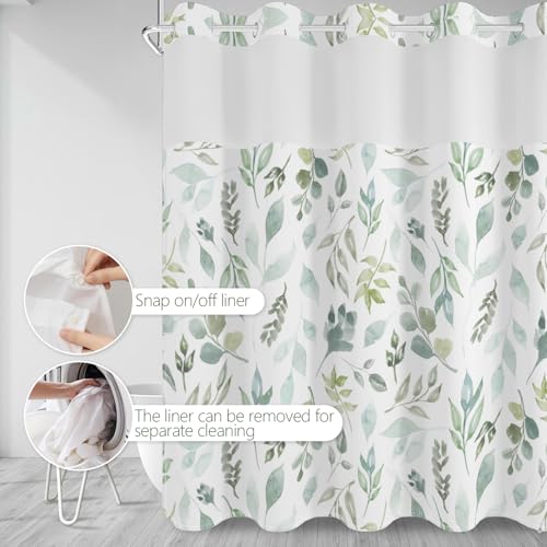 No Hook Shower Curtain with Snap in Fabric Liner Set, Waterproof & Washable, Boho Green Botanical Leaf Floral Shower Curtains for Bathroom, Rustic Modern Hotel Style Plant Bathroom Curtain, 71x74 inch - color: Green Foliage
