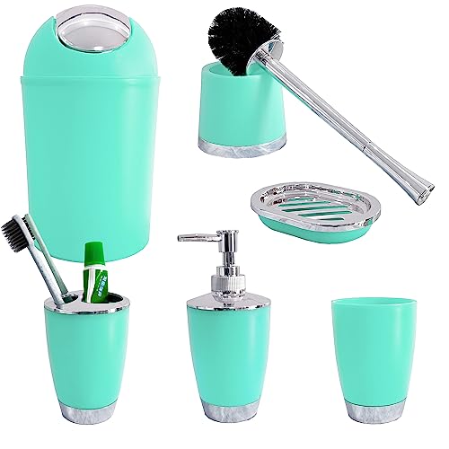 Bathroom Accessories Set 6 Pieces Plastic Bathroom Accessories Toothbrush Holder, Rinse Cup, Soap Dish, Hand Sanitizer Bottle, Waste Bin, Toilet Brush with Holder (Mint Green)