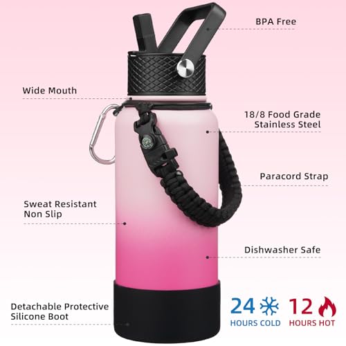 BJPKPK 32oz Insulated Water Bottles with 3 Lids, Paracord Handle & Non-slip Boot, Stainless Steel Metal Water Bottle,Reusable BPA Free Thermal Flasks, Tumblers, Cherry - color: Cherry, size: 32 Ounces