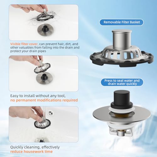 Universal Bathtub Drain Stopper, Brass Metal Shower Hair Catcher, Brushed Nickel | 3 in 1 Bathroom Sink Strainer with Visible Top Filter, Tub Stopper for Standard 1.1''~2.36'' Sink Hole - color: Brushed Nickel