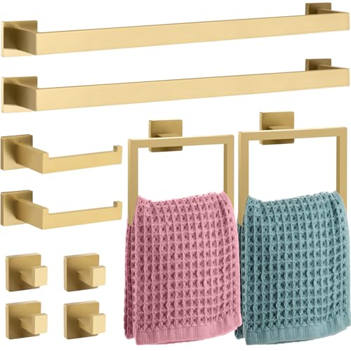 Gisafai 10 Pcs Gold Bathroom Hardware Accessories Set 23.6 Inch Bath Towel Bar Kit Stainless Steel Bathroom Hardware Set Towel Racks Ring Robe Hooks Paper Holder for Wall Mounted - color: Gold